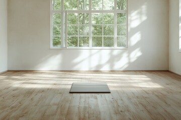 Bright, minimalist room with large windows, natural light illumi