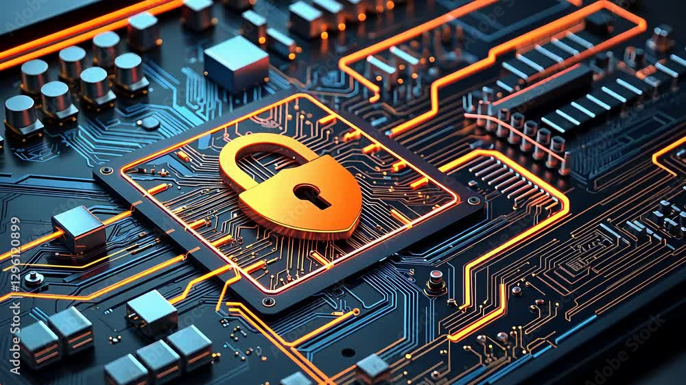 Poster futuristic cybersecurity circuit board with glowing orange lock, digital encryption, and high-tech d