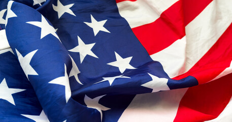 Texture of sackcloth with the image of the American flag. 