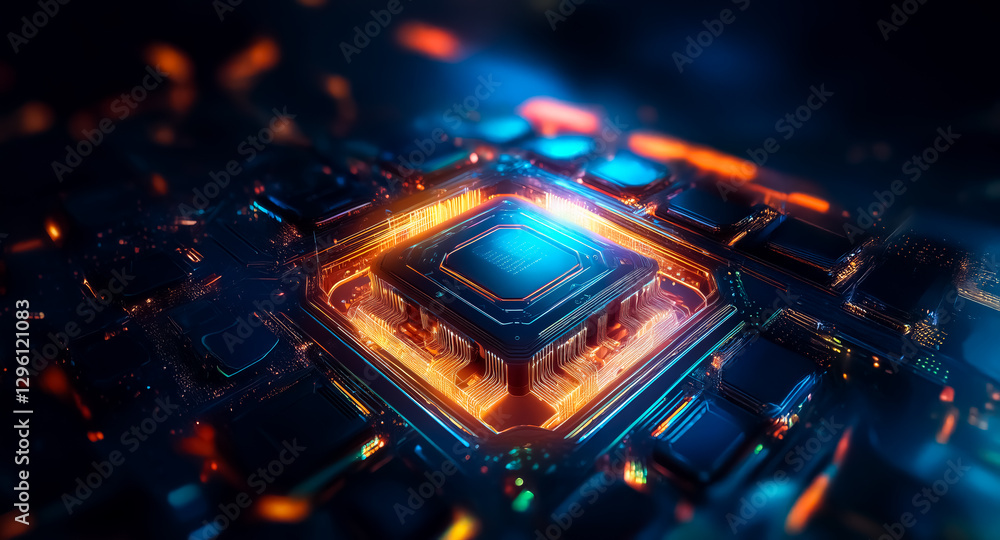 Aufkleber A vibrant macro view showcases a central processing unit, illuminated with bright orange and blue lights, set against a dark circuit board background.