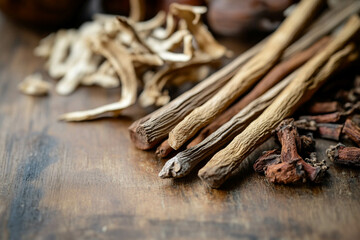 Close-up of dried spices and herbs on a wooden surface, including cinnamon sticks and cloves.