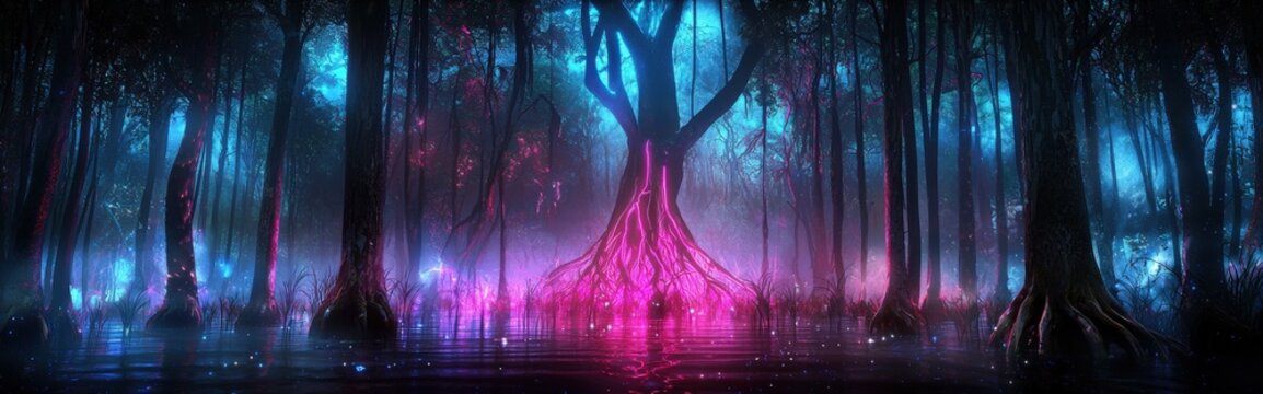 Futuristic neon-lit mangrove forest, AI-powered roots glowing with digital bioluminescent energy, cyber nature-tech fusion