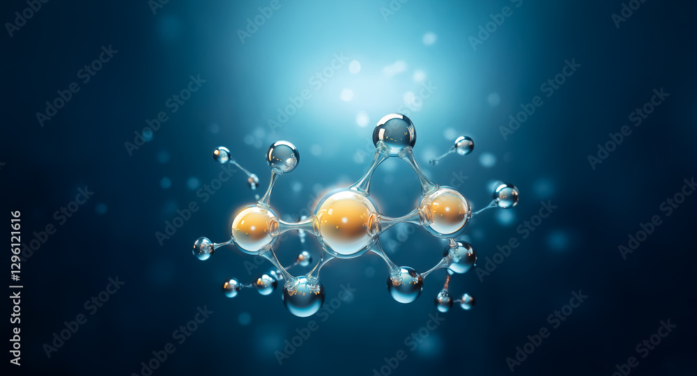 Poster abstract molecular structure with orange and clear spheres linked on blue bokeh background. science 