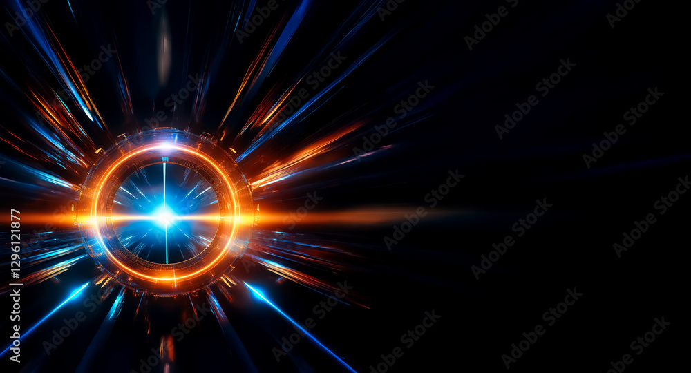 Poster a vibrant, glowing circle bursts with radiant energy against a dark backdrop. orange and blue beams 
