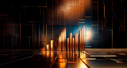 Golden bar chart with rising columns on a dark geometric metallic surface. Warm light illuminates...