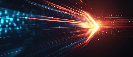 Abstract technology background with glowing light trails and arrow shape, concept of speed, data transfer, and futuristic innovation