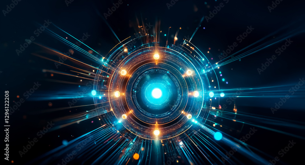 Poster abstract design featuring a central blue sphere emitting radiant orange and blue light rays in a cir