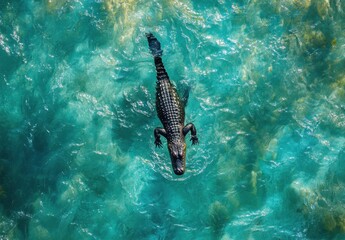Naklejka premium Majestic Alligator Swimming in Crystal Clear Turquoise Water Surrounded by Natural Beauty and Vibrant Coastal Ecosystem