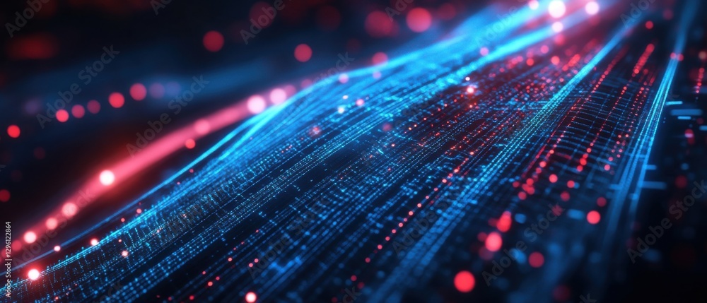 Poster abstract blue and red digital data stream visualization with glowing particles concept of technology