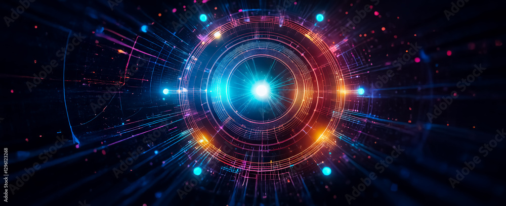 Poster a vibrant, circular core emits radiating light beams and particles against a dark backdrop. it evoke