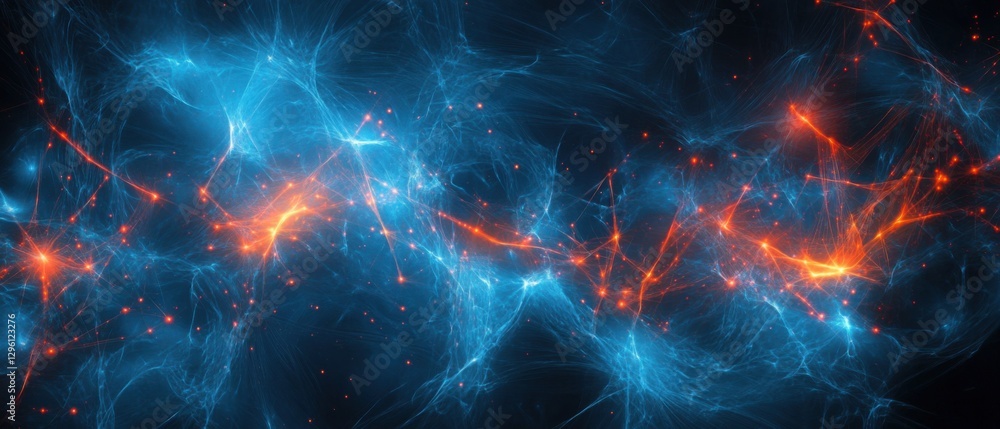 Poster abstract fractal network with glowing nodes and connections in blue and orange, representing data fl