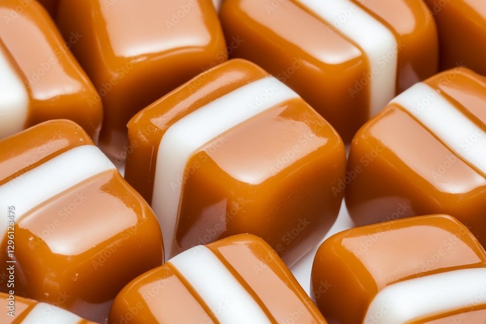 Aufkleber A background of caramel hard candies with white stripes, showcasing the creamy texture and rich color of each candy. The pattern is dense and symmetrical, creating an attractive visual effect