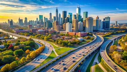 Obraz premium Aerial View of Multi-Lane Highway Approaching Chicago Cityscape
