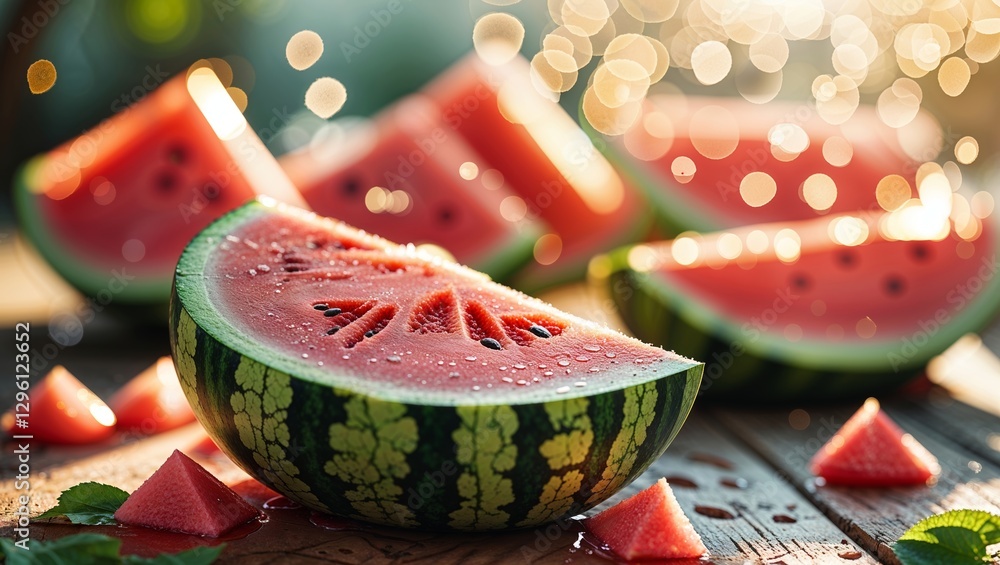 Poster fresh watermelon slices on a wooden table with soft sunlight and sparkling bokeh in summer