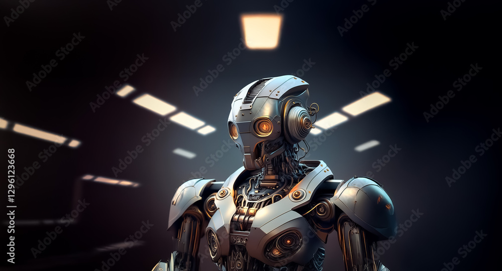Fototapete a metallic robot stands in a futuristic, dimly lit corridor. rectangular lights illuminate the ceili