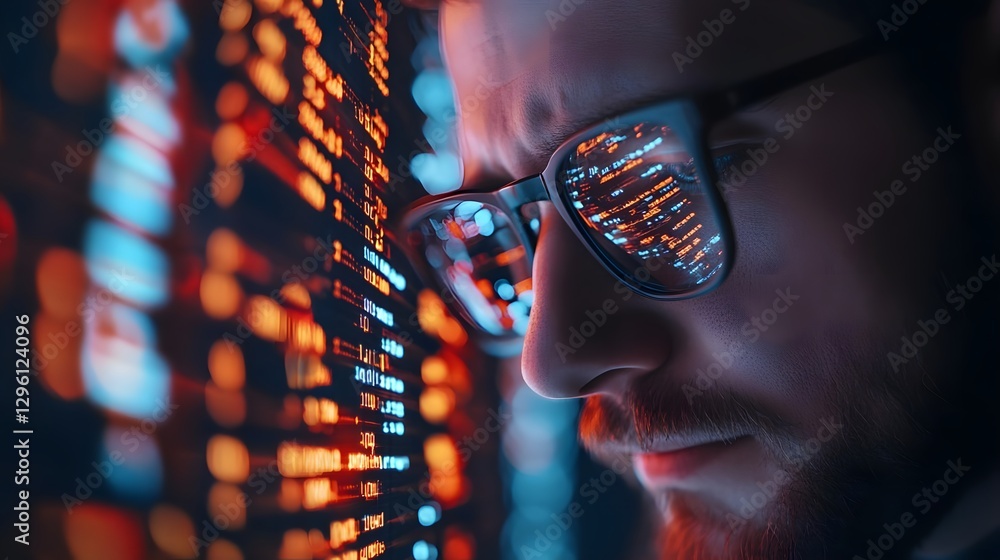 Poster close-up of a man with glasses analyzing digital data reflected in his lenses at a tech environment