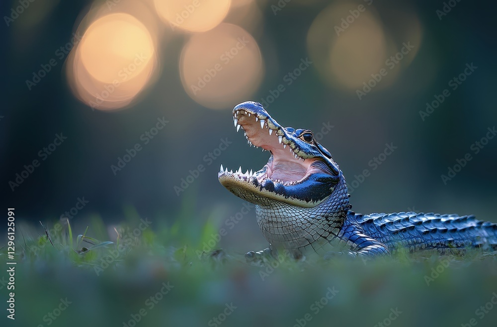 Poster majestic alligator with open mouth in habitat at dusk with soft background and glimmering lights cre