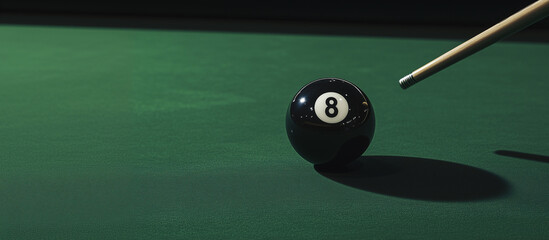 Precision and Strategy: An intimate view of a billiards game, with the iconic eight ball poised for a decisive shot on the green felt. A moment of focused concentration and competitive drive.