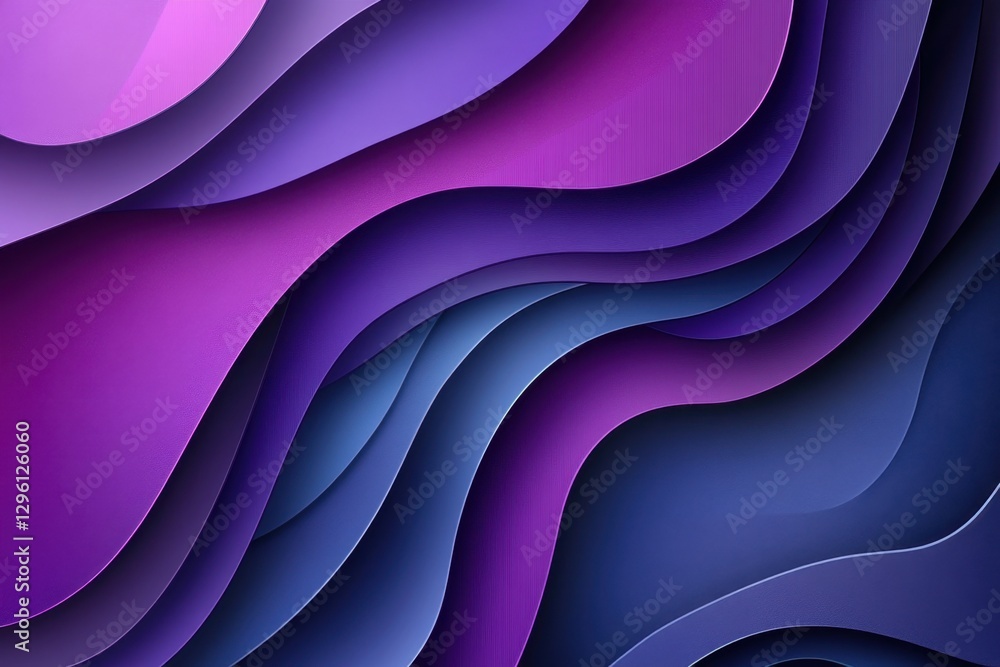 Poster a vibrant, layered abstract design featuring flowing curves in shades of purple and blue, creating a