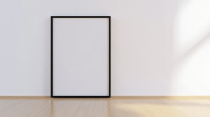 A blank black-framed picture frame stands against a minimalist wall on a wooden floor, creating a simple and modern aesthetic.