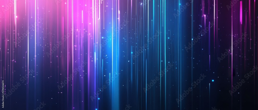 Poster abstract background with glowing neon lines and particles in blue and pink, creating a futuristic an