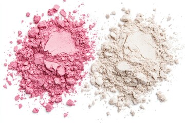 Close-up of crushed pink and beige cosmetic powder on white background.