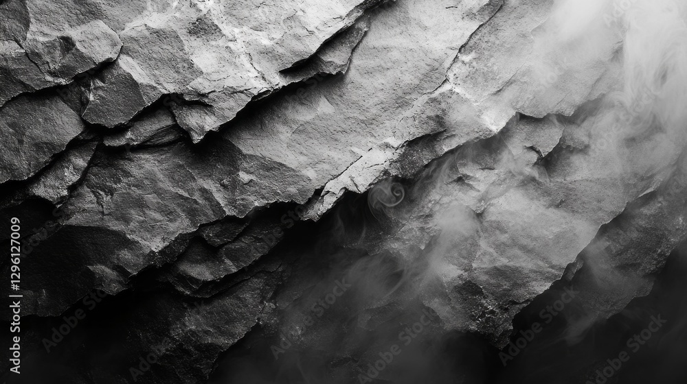 Poster rugged layers of gray rock rise dramatically in a shadowy setting, enveloped by ethereal mist. the i