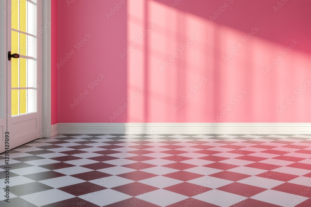 Poster A bright and colorful light shines through the entrance of an empty room, creating beautiful shadows on the floor. The background is white with pink walls, creating a dreamy atmosphere. There's
