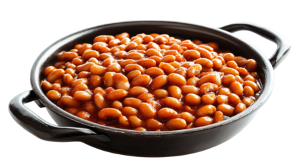 a black serving dish filled with baked beans in a rich. thick sauce. highlighting a hearty and comforting food option this dish is often enjoyed as a side or main course in various cuisines. particula
