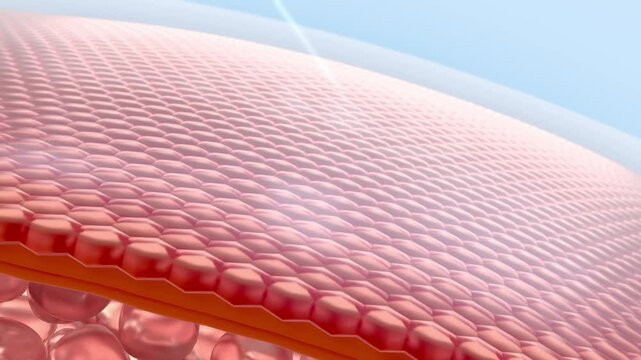 Concept health and care. UV-protected 3D animation skin cell. UV shield reflector serum drops into skin cells for UV protection. Cosmetics, sunscreen, lotion, and serum advertisements. UV shielding