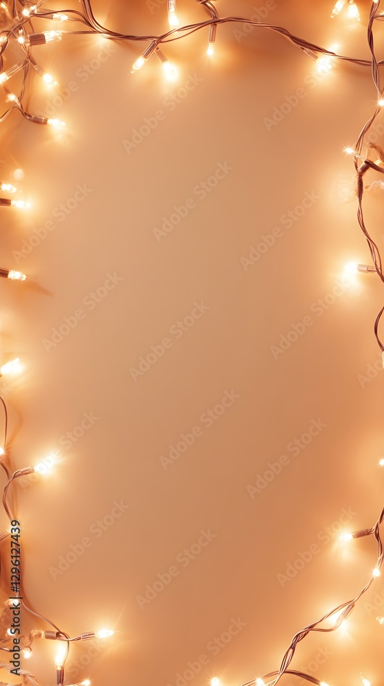 Poster decorative string lights illuminate the background with a warm glow