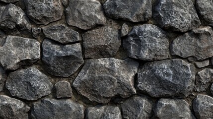 Obraz premium A textured wall made of irregularly shaped stones, showcasing a mix of dark grey and black hues.