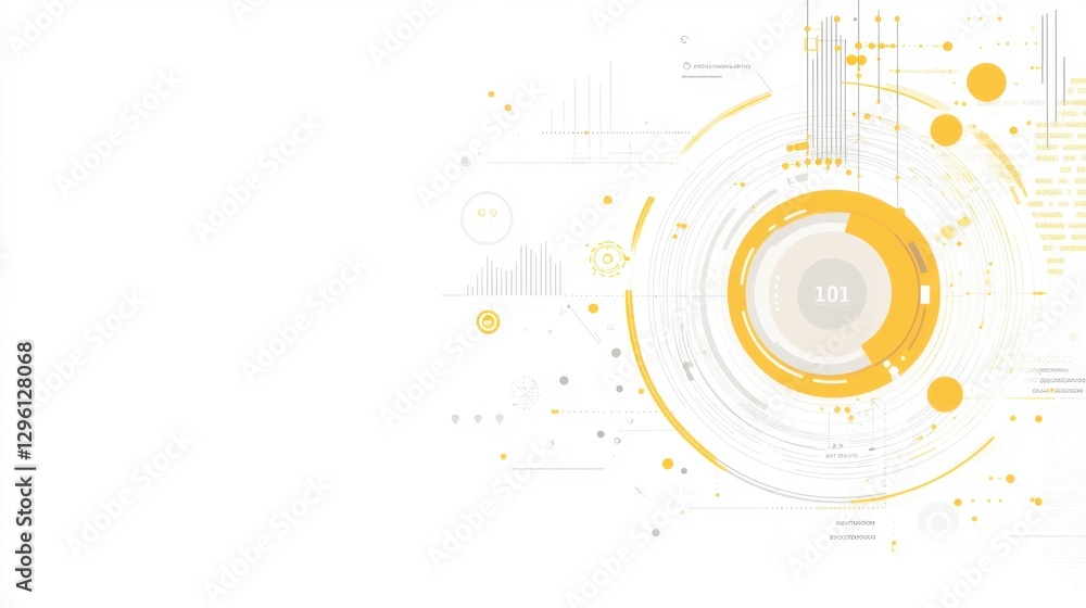 Poster a modern digital design featuring circular patterns and lines, predominantly in yellow and white, su