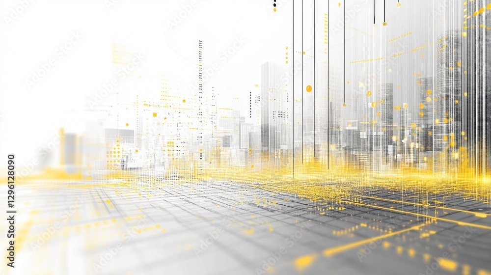 Poster a futuristic digital landscape with vertical lines and glowing elements, suggesting data flow and te
