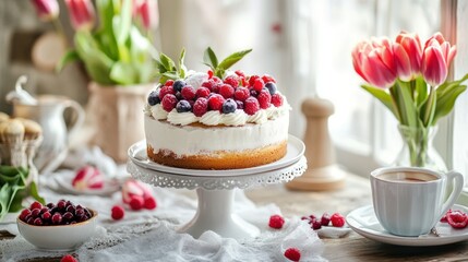A delicious berry cheesecake garnished with fresh raspberries and blueberries, accompanied by flowers and a cup of coffee on a rustic table.