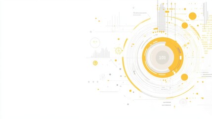 A modern digital design featuring circular patterns and lines, predominantly in yellow and white, suggesting themes of technology and data visualization.