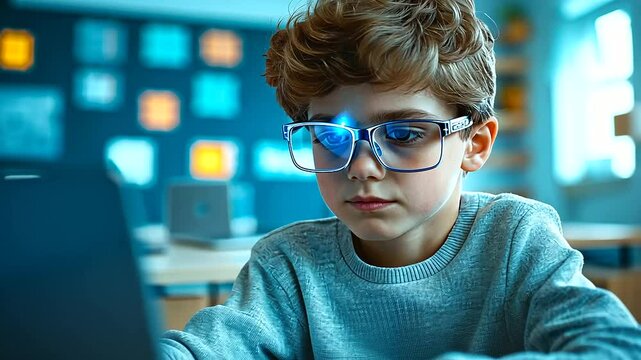 A digital classroom setting where a young boy, with glasses resting on his nose, follows an e-learning module on his laptop. The background features smartboards