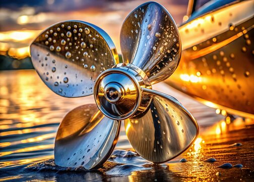 Close-up of a Small Boat Propeller, Shiny Metal Blades, Nautical Detail