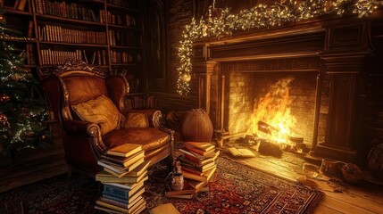 Cozy Christmas Evening by the Fireplace with Books and a Christmas Tree