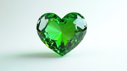 A sparkling green heart-shaped gemstone sits elegantly against a light background, showcasing its facets and vivid color.