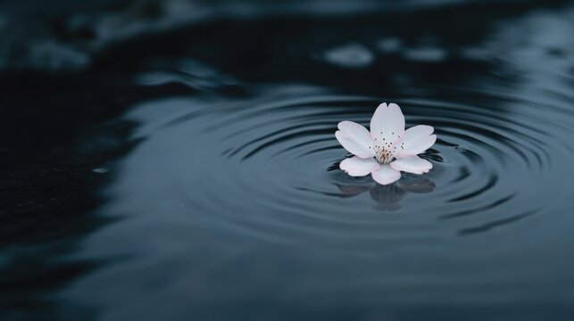 Delicate white flower gently floats on dark water, creating ripp