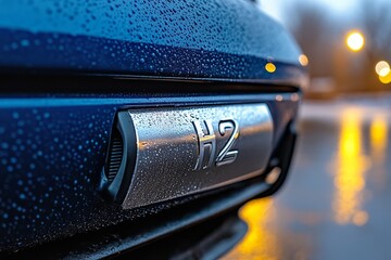 A close-up of the exhaust pipe on an electric car, with water droplets flowing off and "H2" engraved in silver letters on one side of it. The background is dark gray, highlighting details like