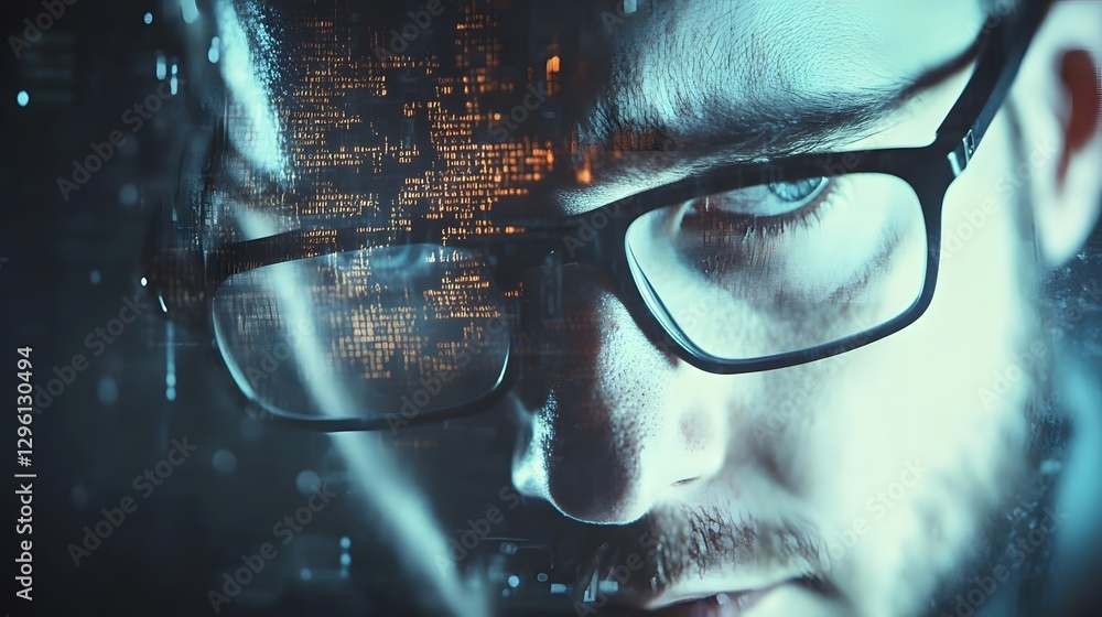 Poster close-up of a focused individual with glasses, surrounded by digital data and abstract patterns