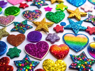 Fototapeta premium Colorful Glitter Relief Stickers Isolated on White Background - Perfect for Crafts & Scrapbooking