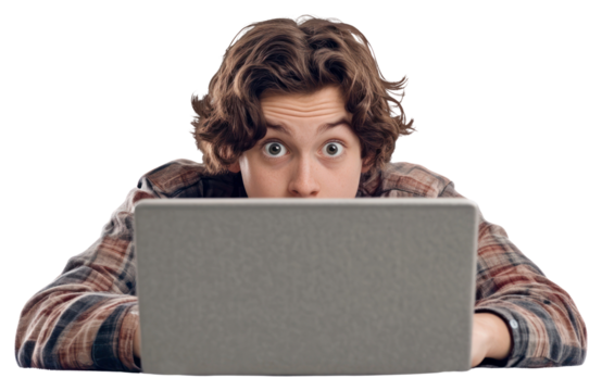 PNG Student study online laptop background surprised.
