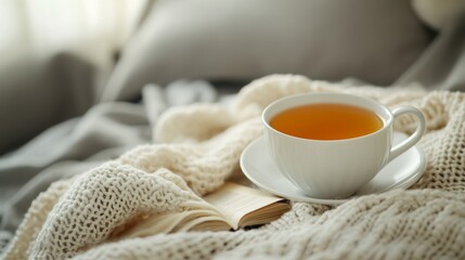 Rare illness patient reading a book with a cup of tea in a cozy, warm living room. Featuring rest and recovery