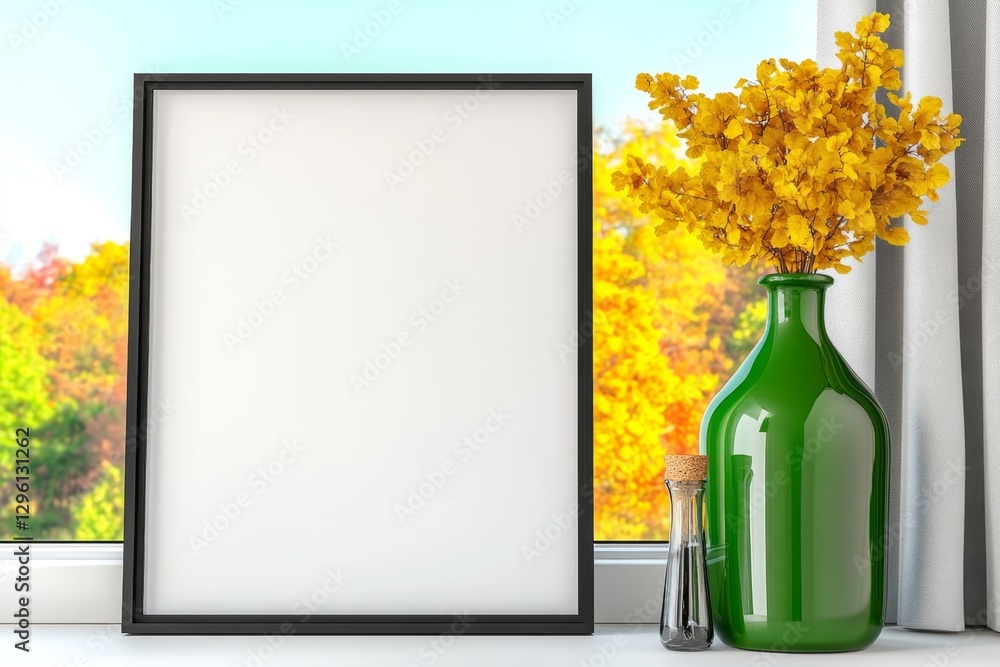 Aufkleber A close-up photo of an empty white picture frame on top of the window sill in front of large windows with light gray curtains. Next to it is a lamp and a bottle. The background outside shows