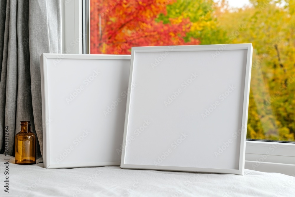 Leinwandbilder A close-up photo of an empty white picture frame on top of the window sill in front of large windows with light gray curtains. Next to it is a lamp and a bottle. The background outside shows
