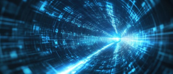 Abstract blue digital tunnel with glowing light at the end, representing data stream, technology, and futuristic concept