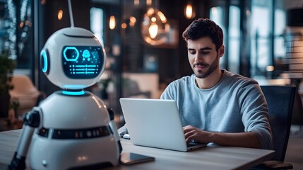 3. A man in a modern office, working with AI-powered chatbots and content generation software on his laptop, surrounded by a futuristic workspace.